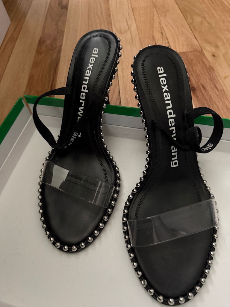 Alexander Wang Black Sandal With Clear Toe Strap And Silver Stud Trim